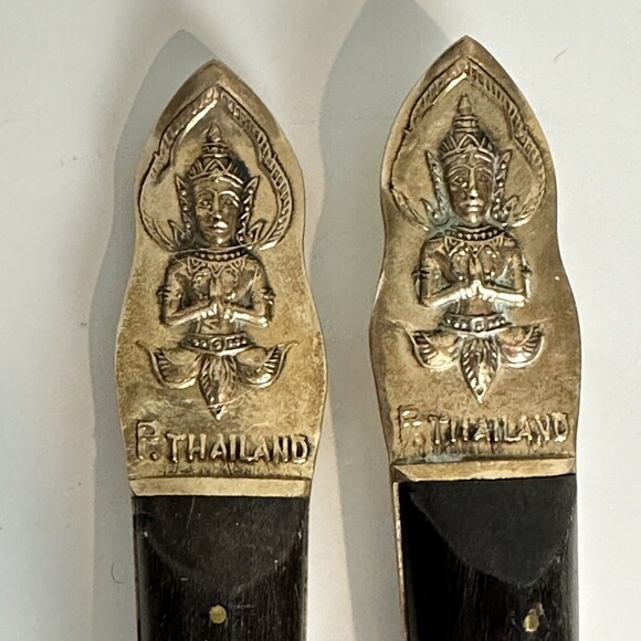 Vintage 9pc Samran Thailand Bronze Wood Serving Set Cake, Spoons, Appetizers 60s - Picture 5 of 12